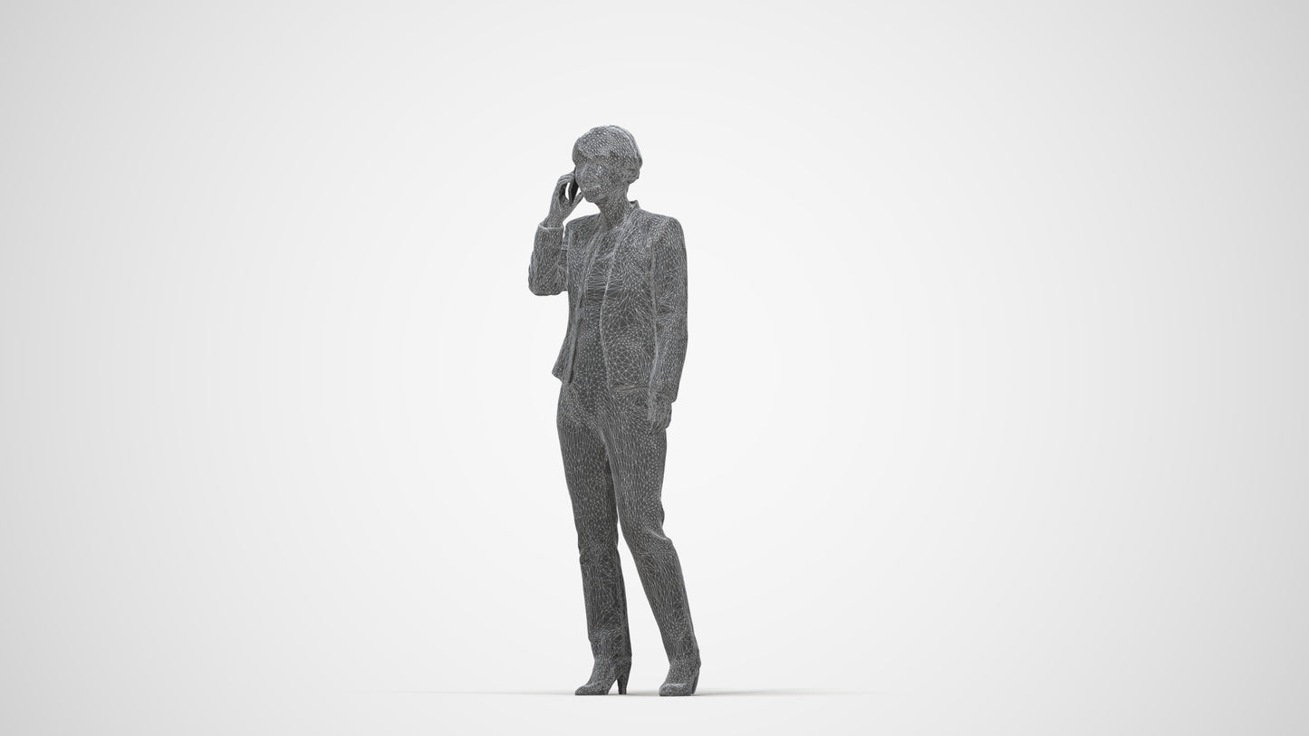 realistic 3D senior woman business standing, scanned archviz people for Blender and 3ds Max, wireframe back view