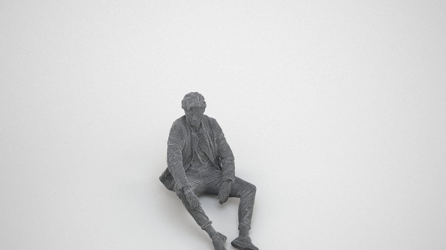 realistic 3D people man casual sitting, render-ready for V-Ray and Corona, FBX OBJ, wireframe three-quarter view