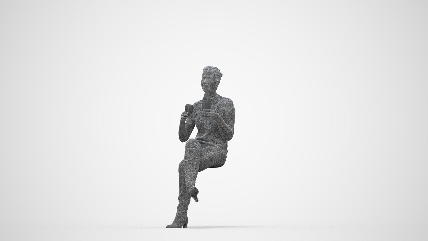 3D human model woman casual sitting, photogrammetry scanned person for archviz, wireframe back view
