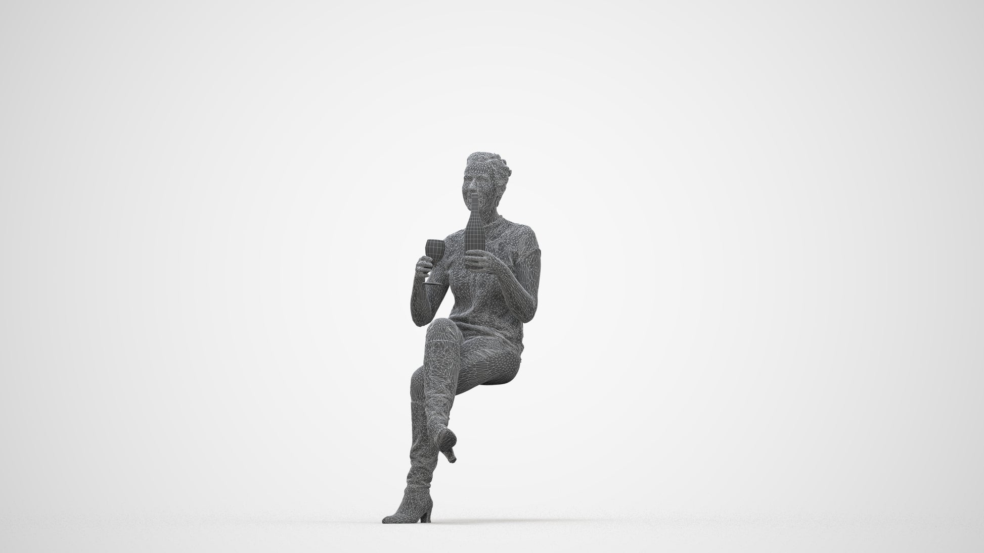 3D human model woman casual sitting, photogrammetry scanned person for archviz, wireframe back view