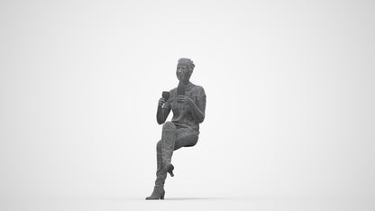 3D human model woman casual sitting, photogrammetry scanned person for archviz, wireframe back view