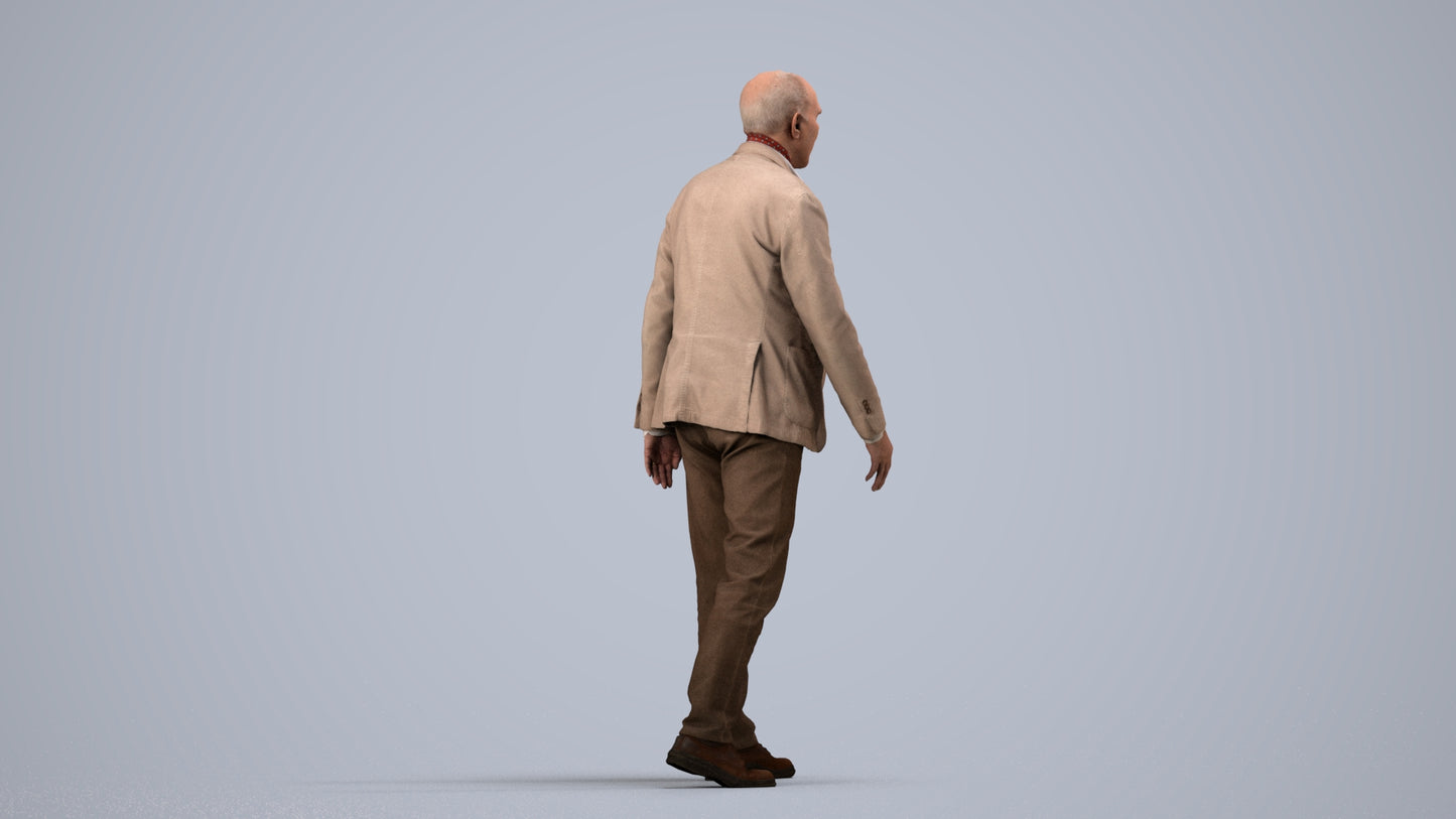 3D scanned senior man walking business, photorealistic archviz people for Enscape and SketchUp, side view render