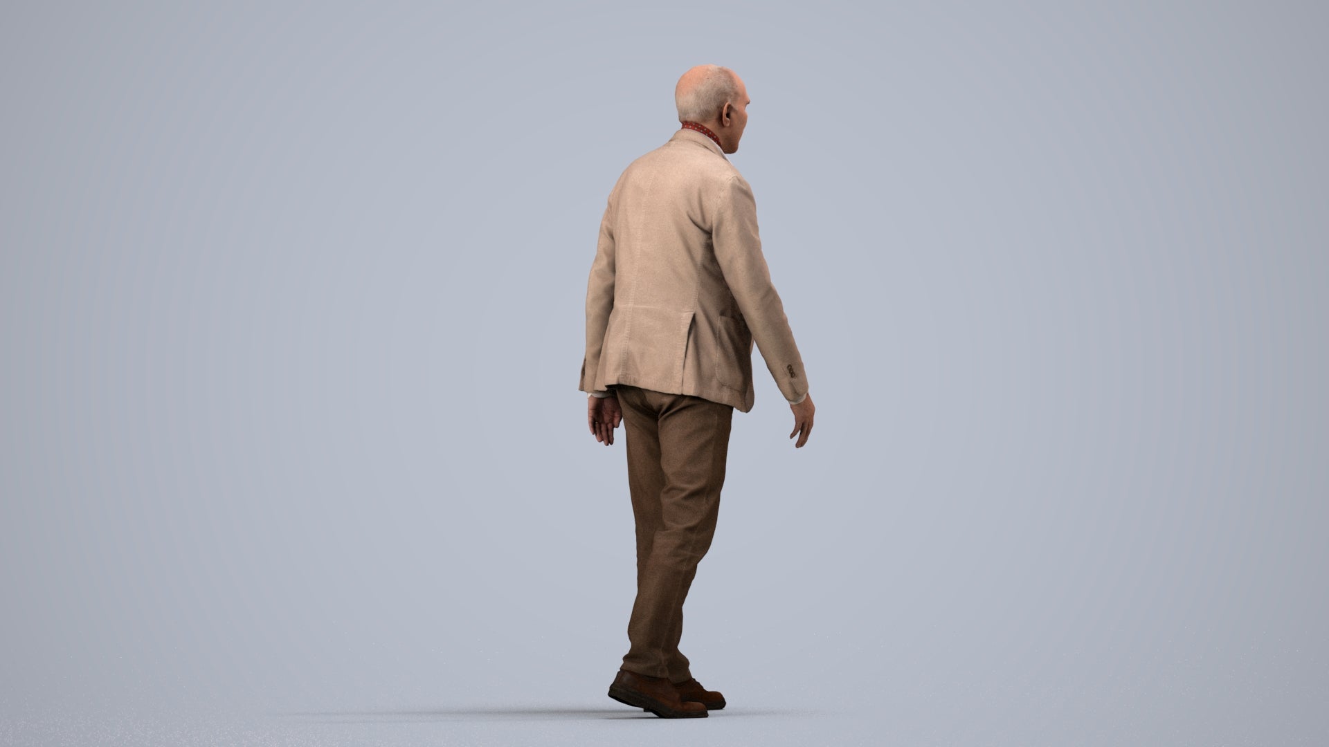 3D scanned senior man walking business, photorealistic archviz people for Enscape and SketchUp, side view render