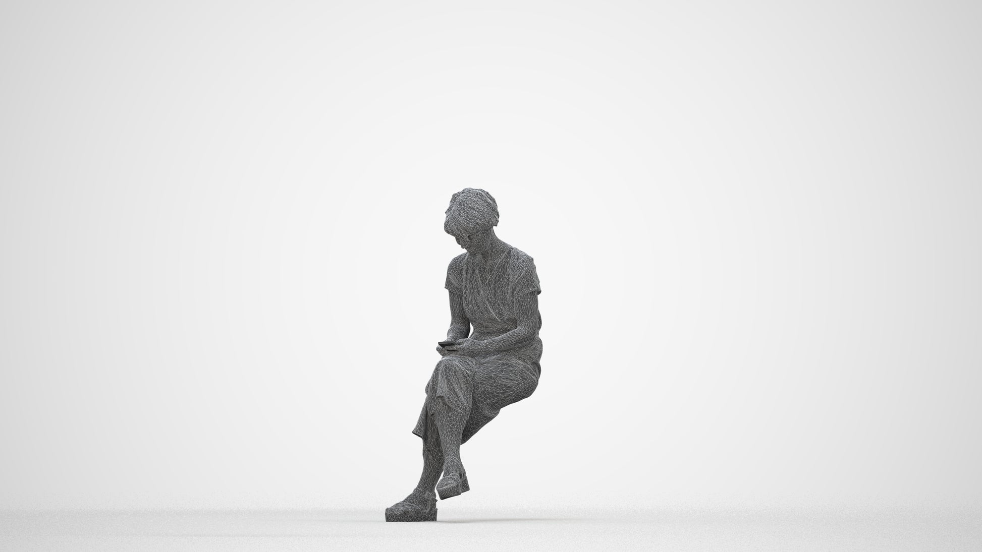 photogrammetry 3D senior woman casual sitting, realistic human model archviz FBX, wireframe back view