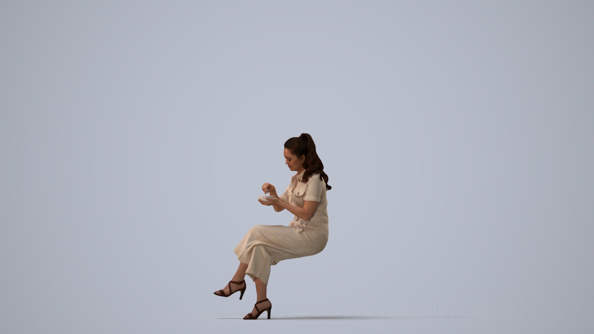 3D scanned woman sitting casual, photorealistic archviz people for Enscape and SketchUp, three-quarter view render