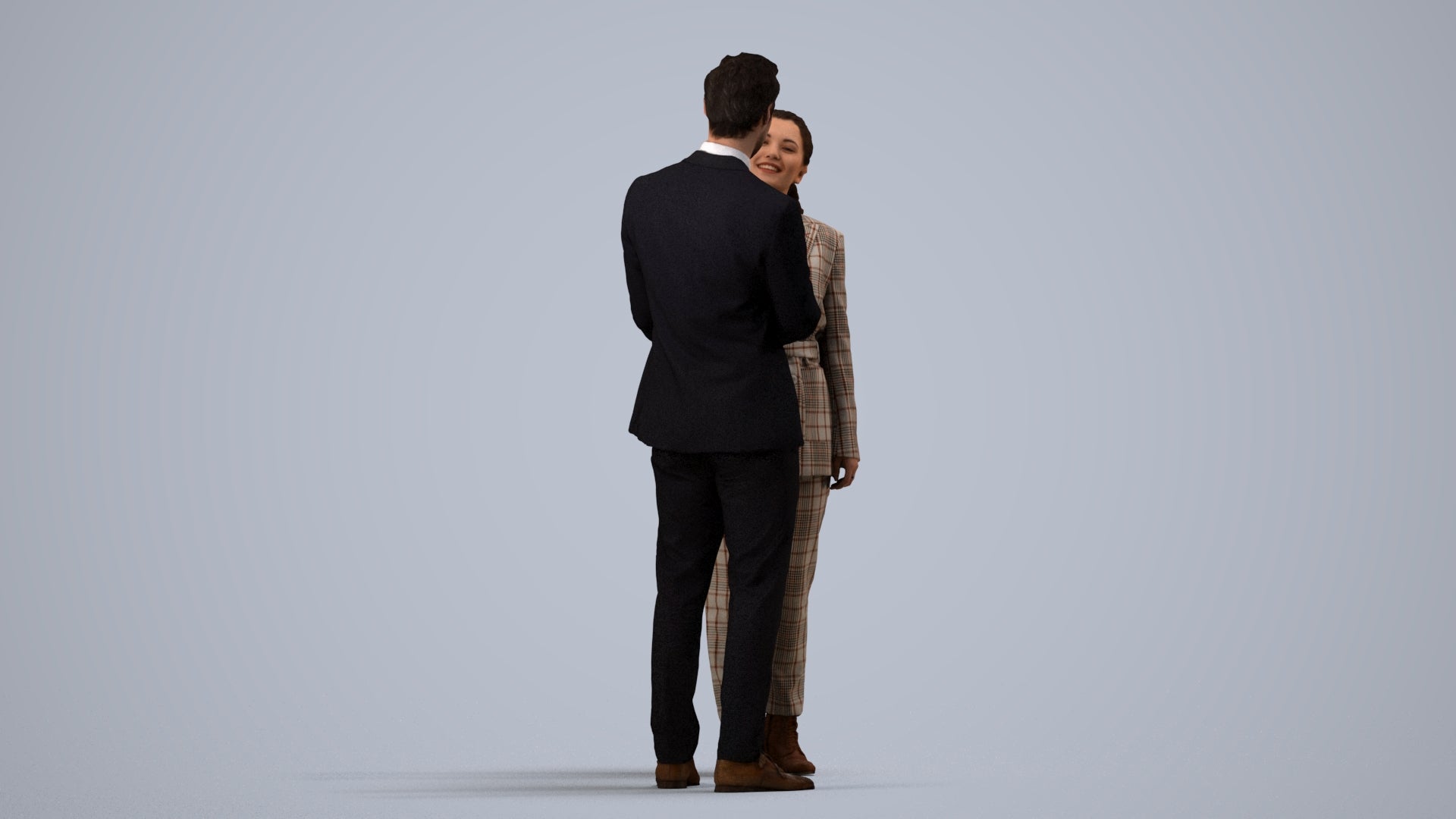 3D human model woman formal business, photogrammetry scanned person for archviz, side view render