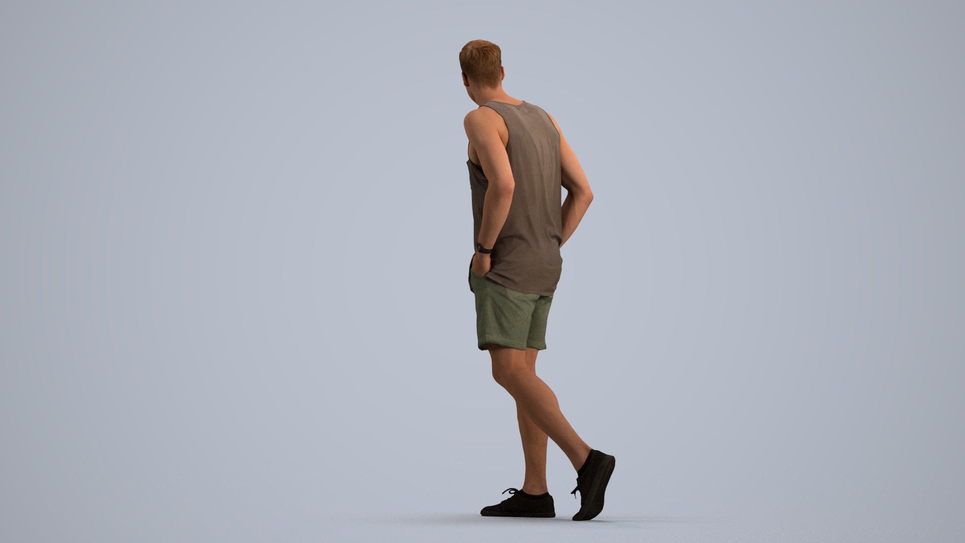 3D human model woman casual walking, photogrammetry scanned person for archviz, front view render