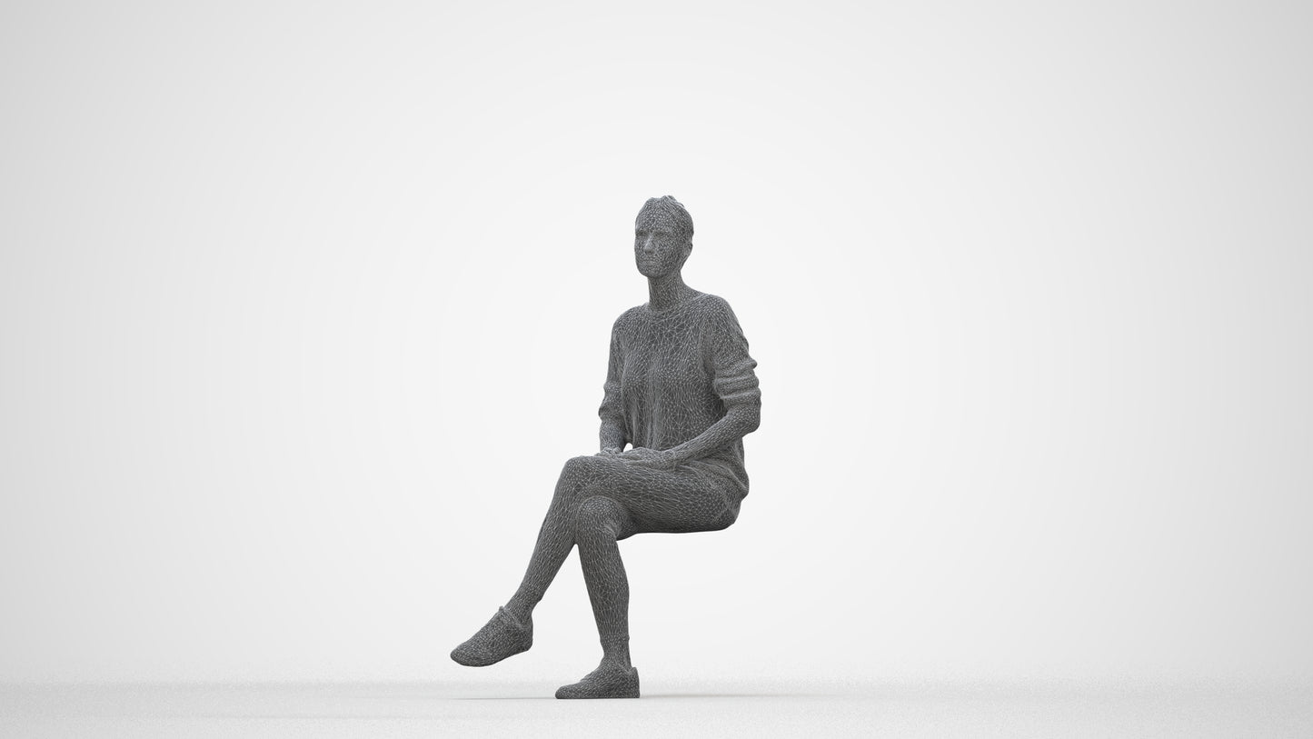 realistic 3D people woman casual sitting, render-ready for V-Ray and Corona, FBX OBJ, wireframe back view