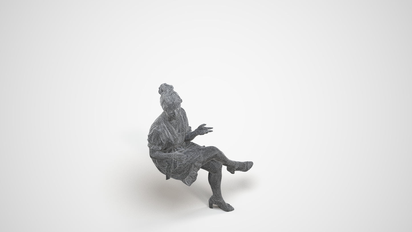 realistic 3D people woman casual sitting, render-ready for V-Ray and Corona, FBX OBJ, wireframe three-quarter view