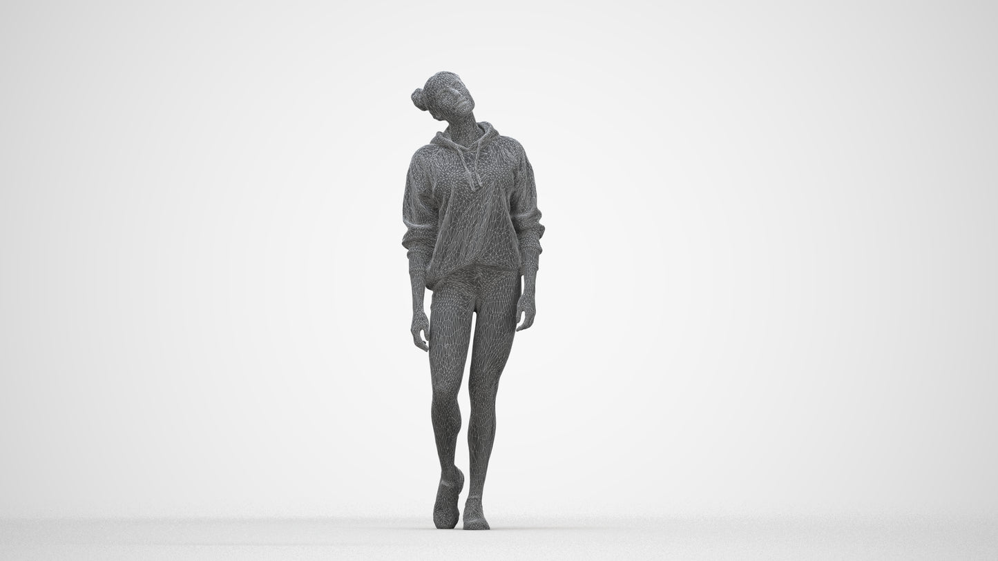 realistic 3D people woman casual walking, render-ready for V-Ray and Corona, FBX OBJ, wireframe back view