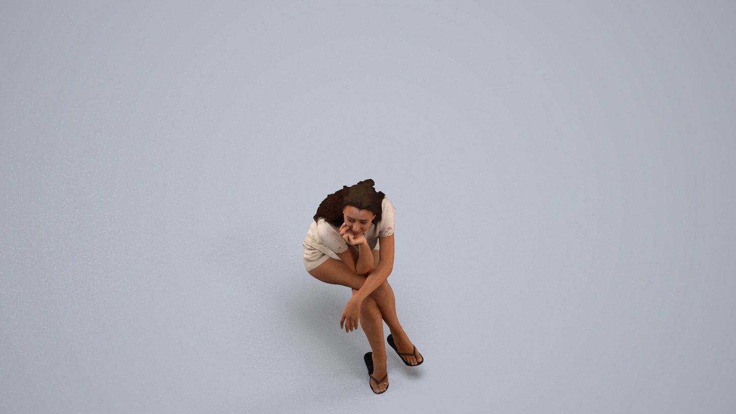 realistic 3D human woman casual sitting, archviz people FBX OBJ for Blender, back view render