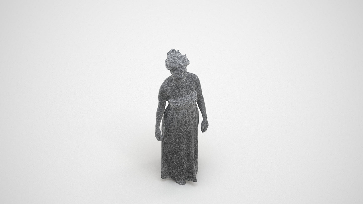 3D human model woman casual standing, photogrammetry scanned person for archviz, wireframe three-quarter view