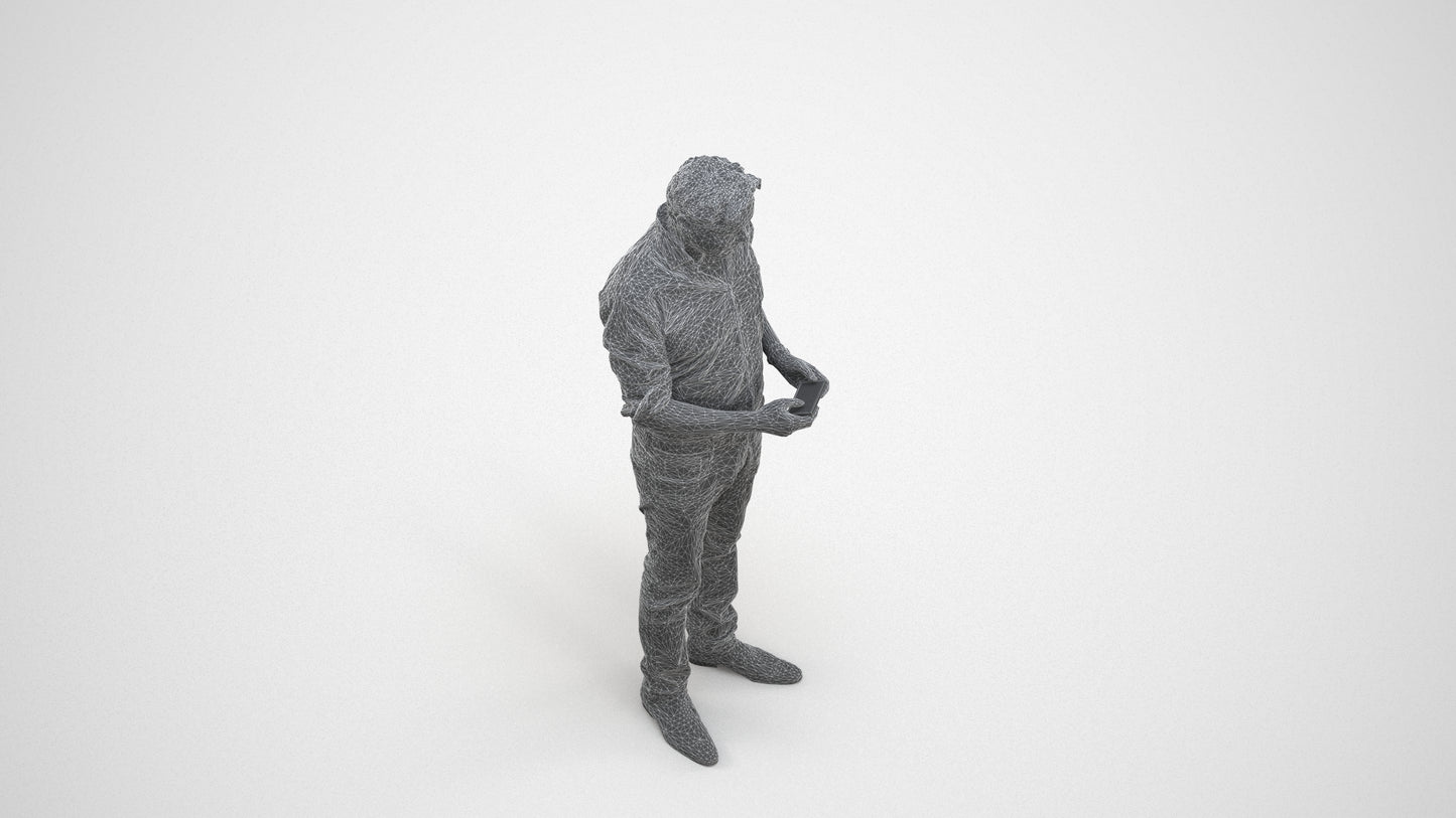 3D scanned man standing casual, photorealistic archviz people for Enscape and SketchUp, wireframe three-quarter view