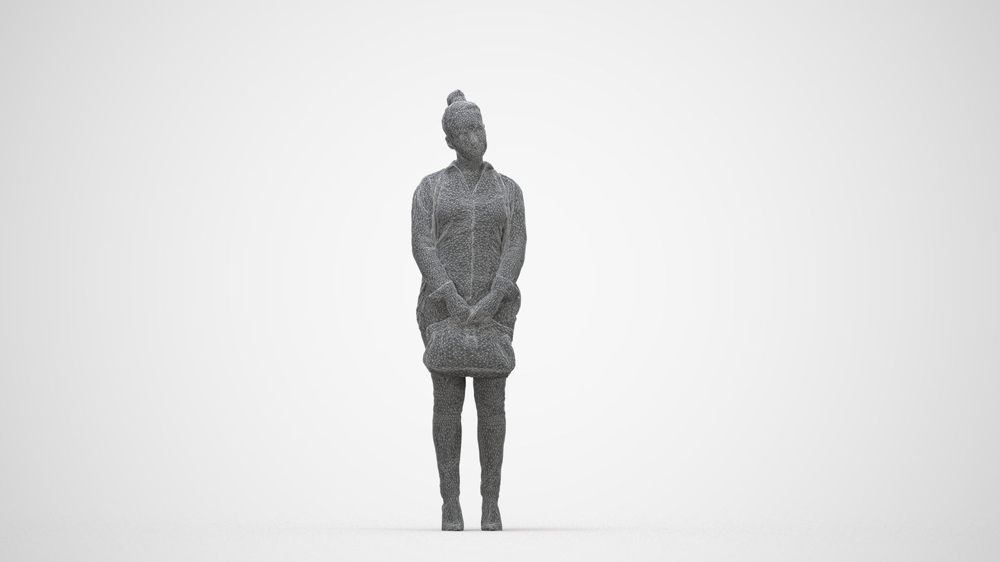 3D human model woman business standing, photogrammetry scanned person for archviz, wireframe back view