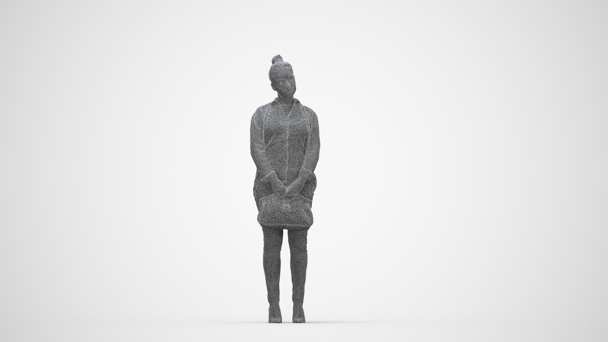 3D human model woman business standing, photogrammetry scanned person for archviz, wireframe back view
