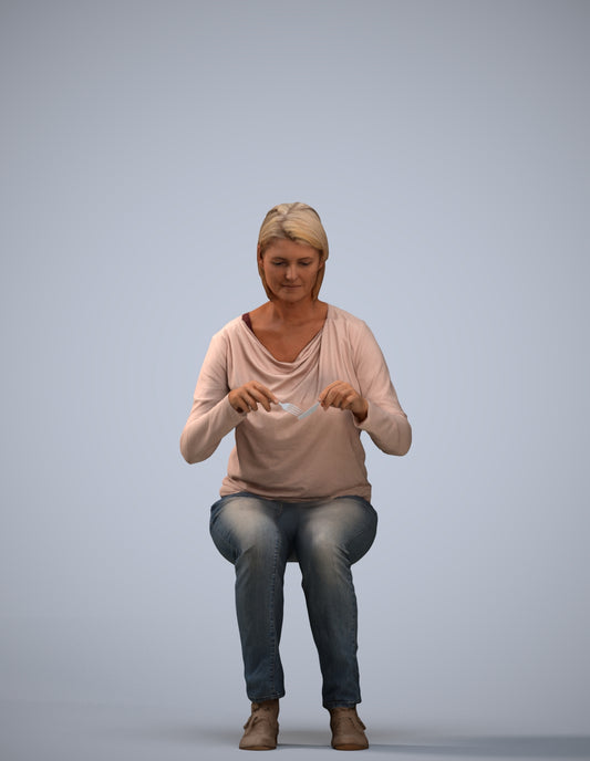scanned 3D woman casual sitting, photogrammetry people for Enscape and V-Ray