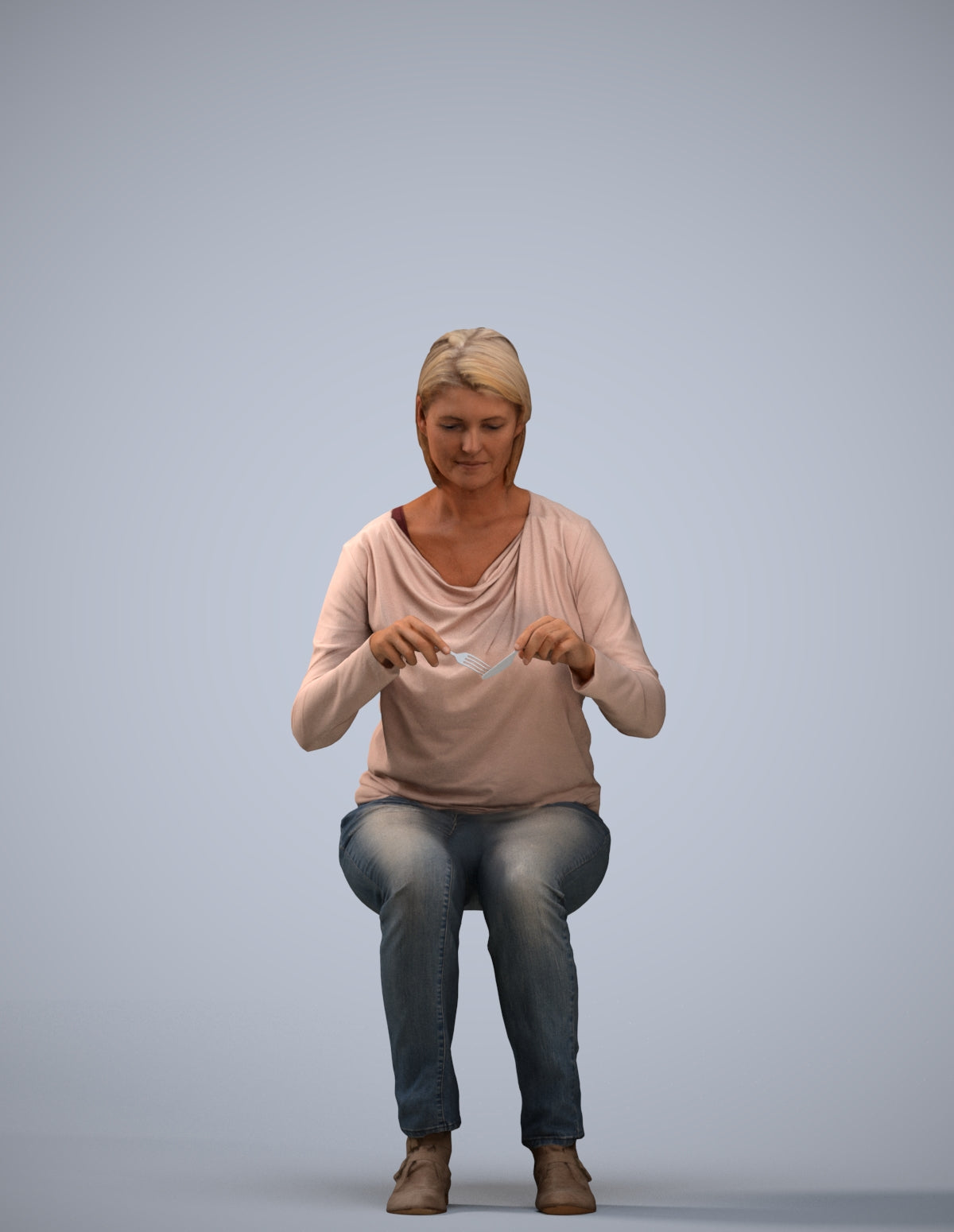 scanned 3D woman casual sitting, photogrammetry people for Enscape and V-Ray
