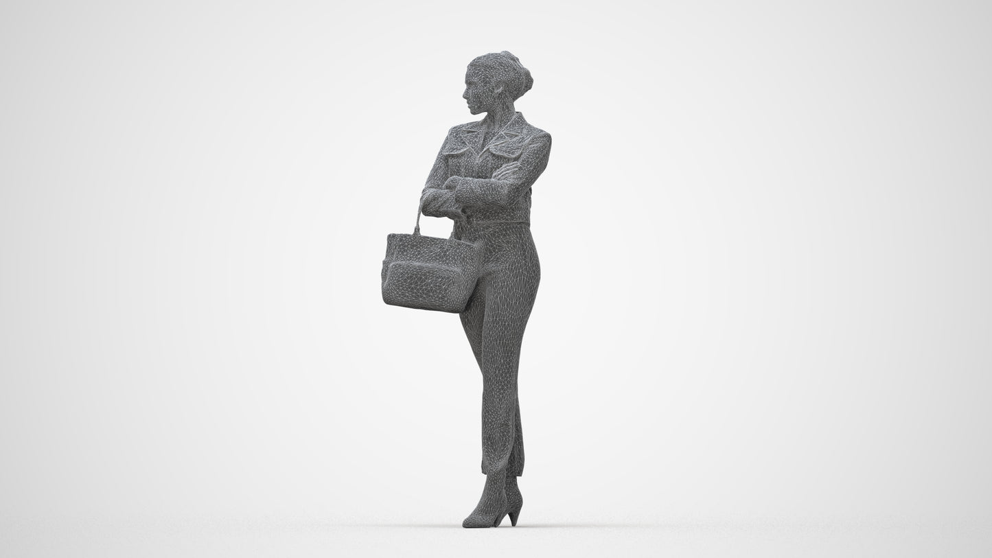 3D human model woman business standing, photogrammetry scanned person for archviz, wireframe back view