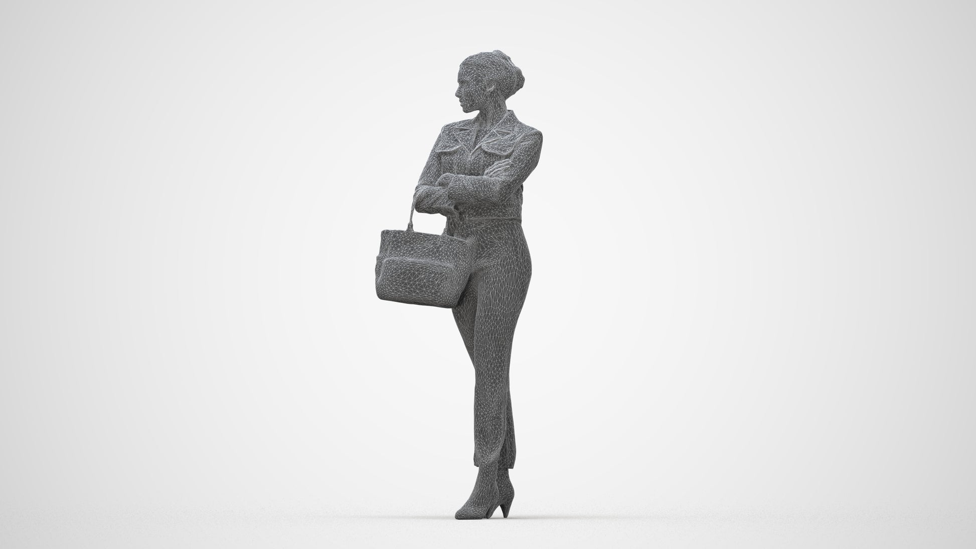 3D human model woman business standing, photogrammetry scanned person for archviz, wireframe back view
