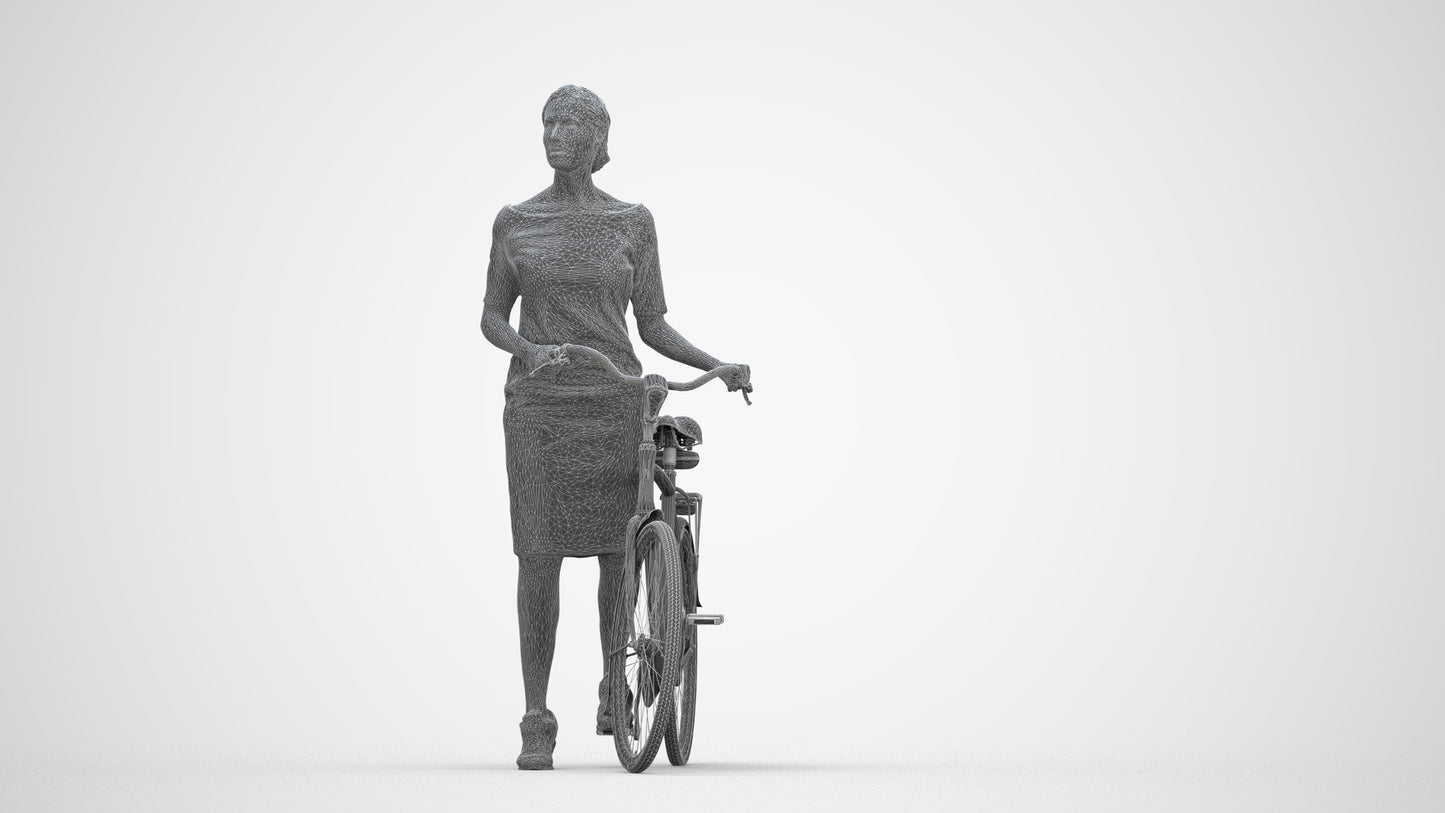 realistic 3D senior woman casual cycling, scanned archviz people for Blender and 3ds Max, wireframe back view