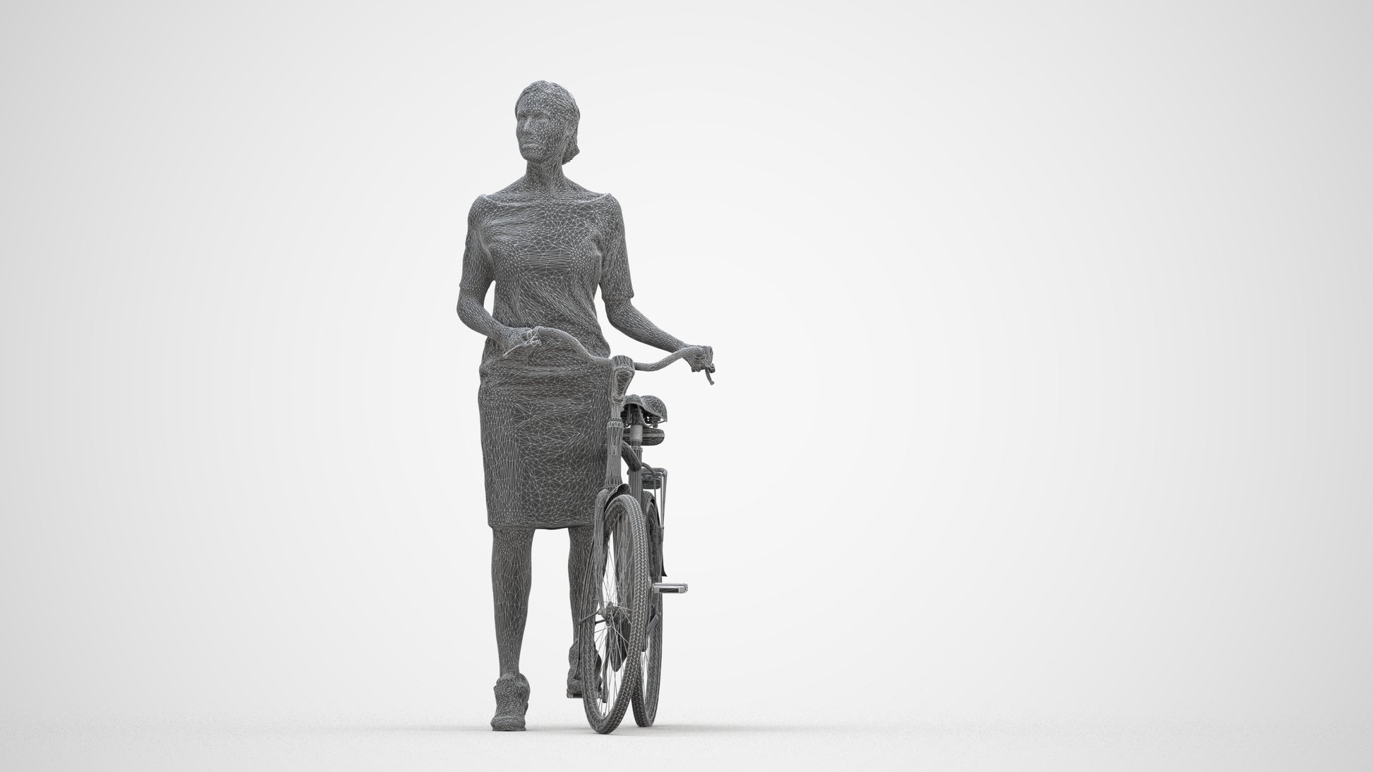 realistic 3D senior woman casual cycling, scanned archviz people for Blender and 3ds Max, wireframe back view