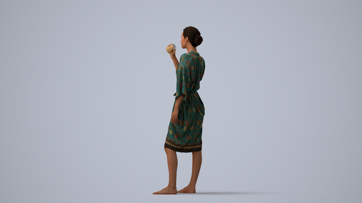 realistic 3D human woman bathroom, archviz people FBX OBJ for Blender, three-quarter view render