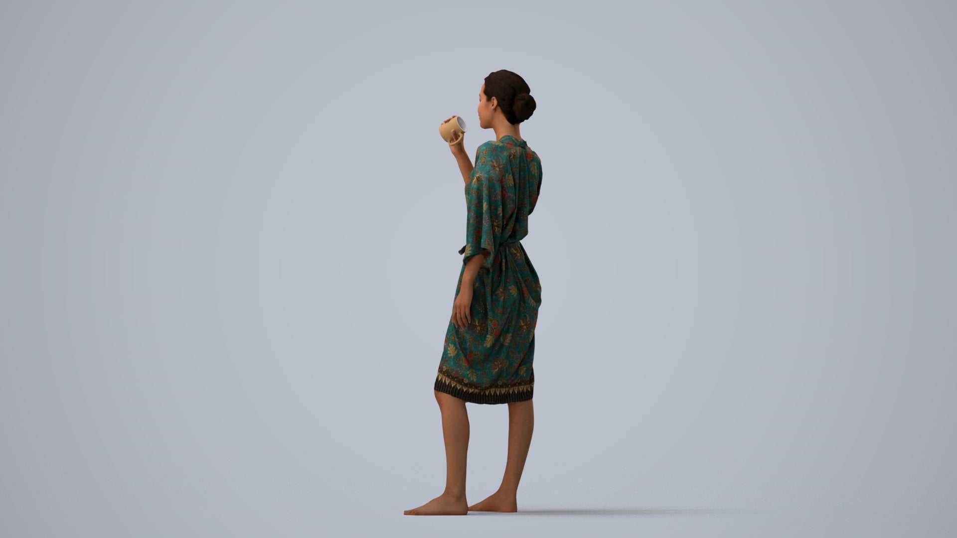 realistic 3D human woman bathroom, archviz people FBX OBJ for Blender, three-quarter view render