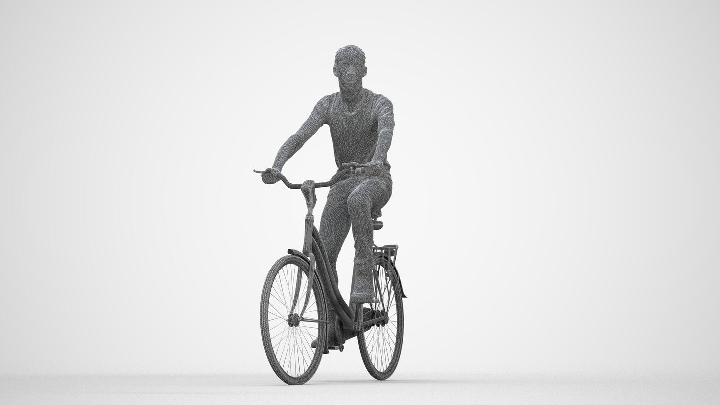 realistic 3D boy casual cycling, scanned archviz people for Blender and 3ds Max, wireframe back view