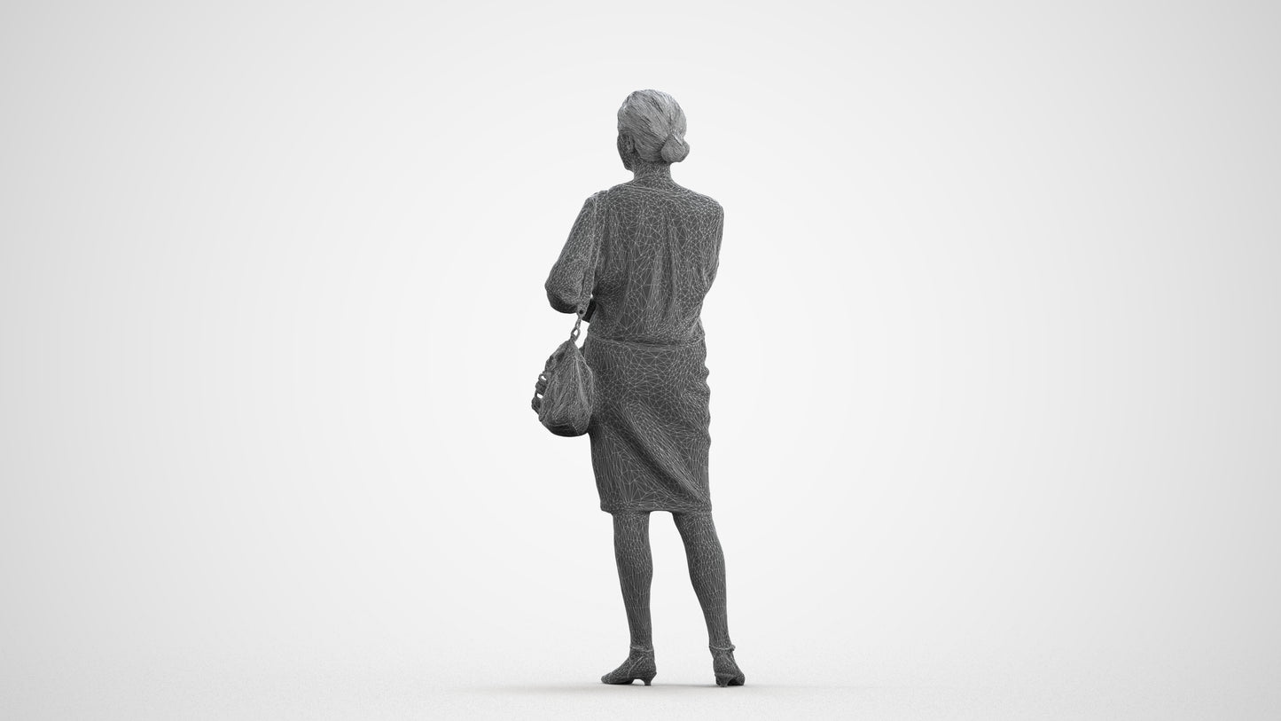 realistic 3D human senior woman business standing, archviz people FBX OBJ for Blender, wireframe front view