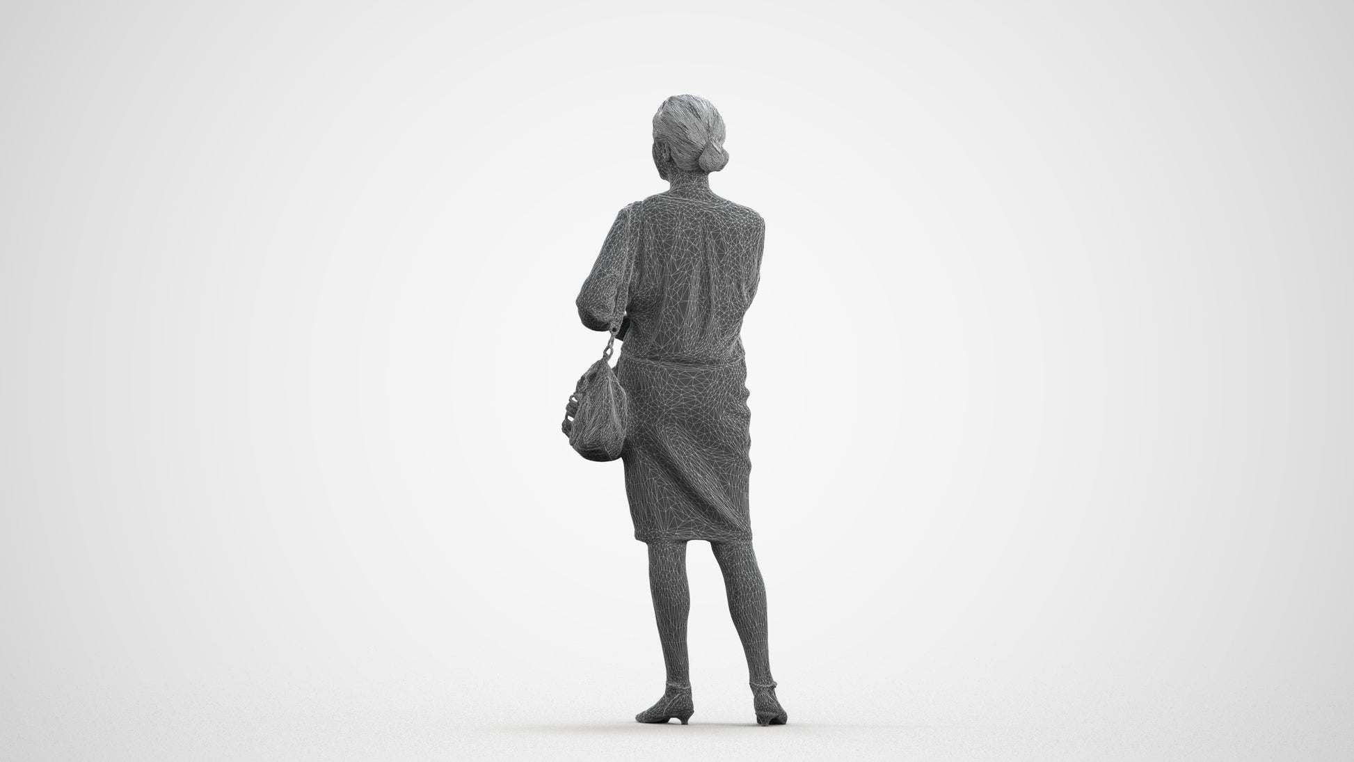realistic 3D human senior woman business standing, archviz people FBX OBJ for Blender, wireframe front view
