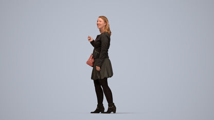 3D human model woman business standing, photogrammetry scanned person for archviz, top-down view render