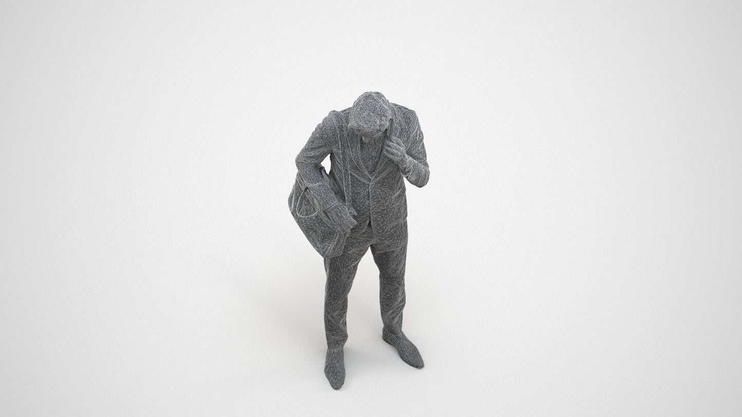 3D human model man business, photogrammetry scanned person for archviz, wireframe three-quarter view