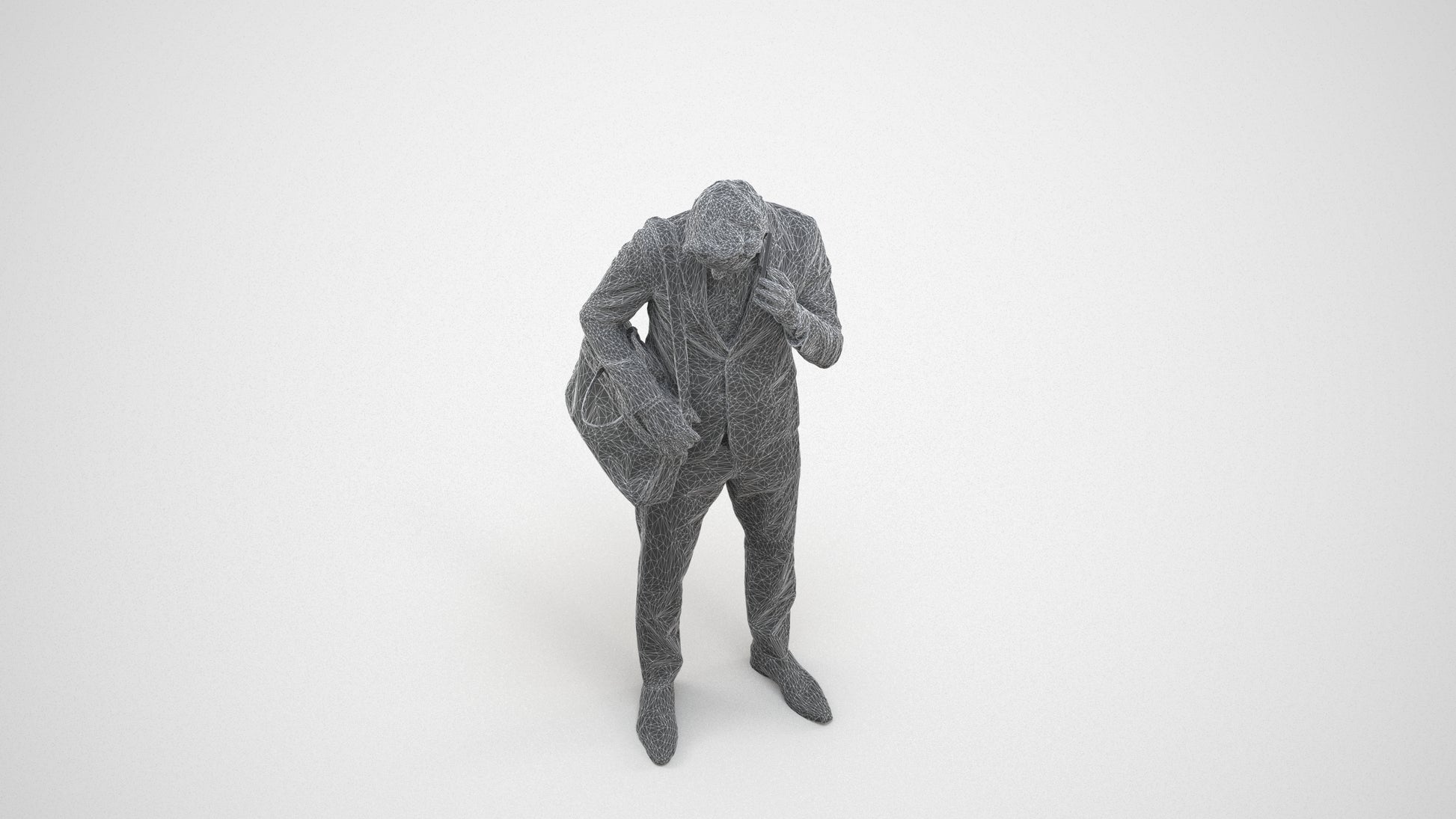 3D human model man business, photogrammetry scanned person for archviz, wireframe three-quarter view