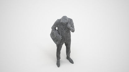 3D human model man business, photogrammetry scanned person for archviz, wireframe three-quarter view