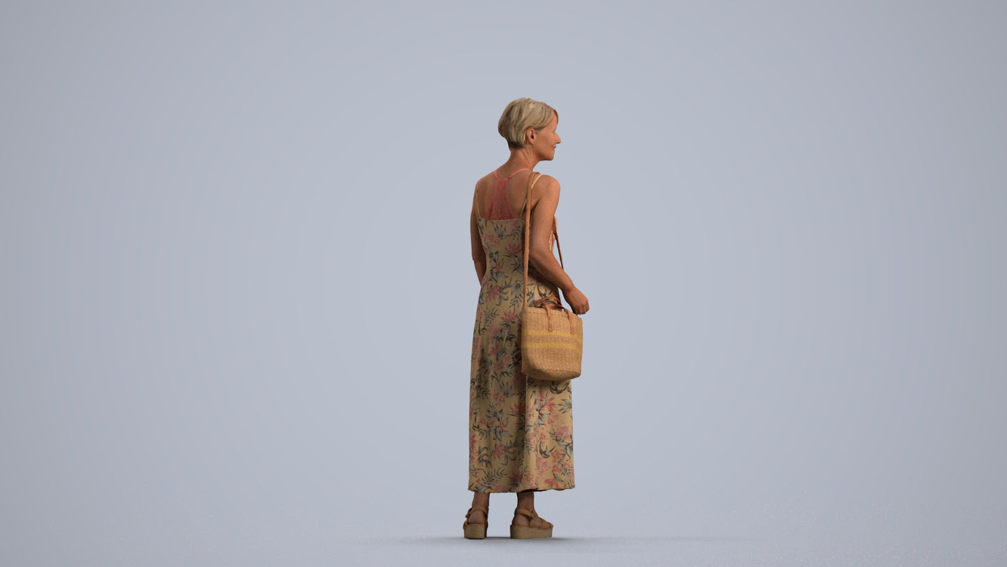3D human model senior woman standing, photogrammetry scanned person for archviz, front view render