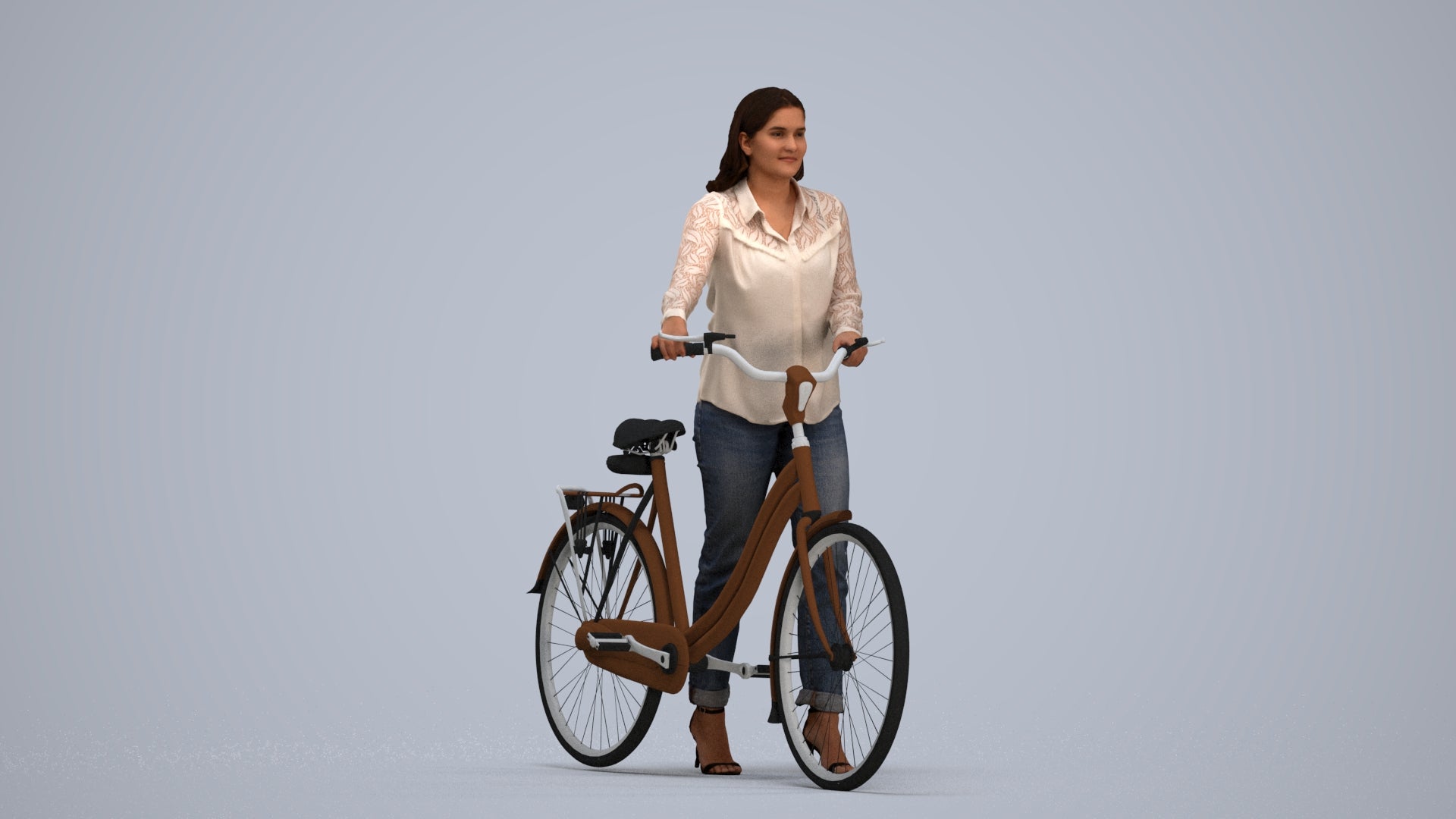 realistic 3D human woman casual cycling, archviz people FBX OBJ for Blender, standing pose render