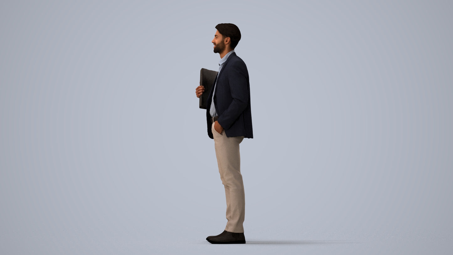3D human model man business, photogrammetry scanned person for archviz, three-quarter view render