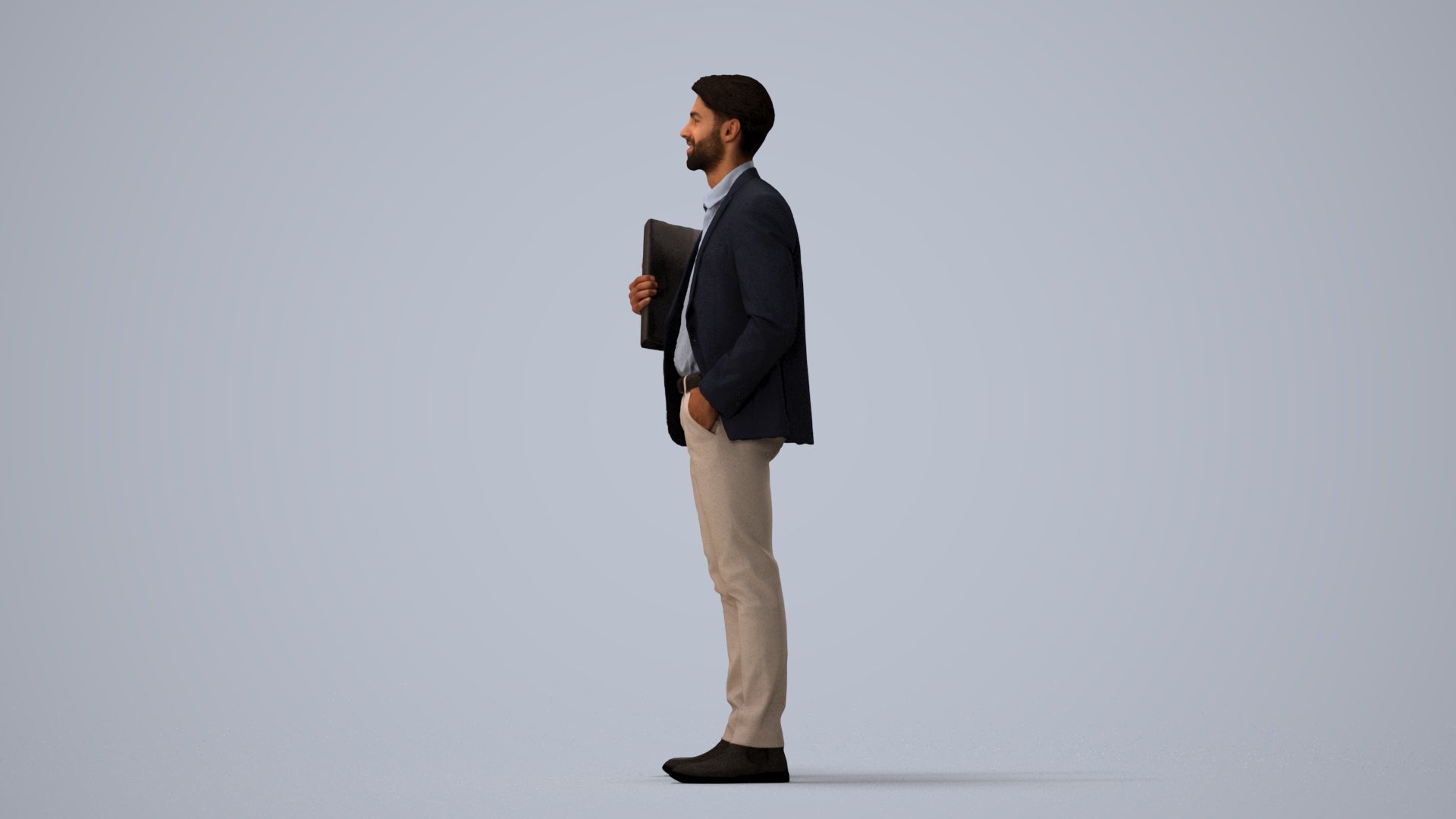 3D human model man business, photogrammetry scanned person for archviz, three-quarter view render