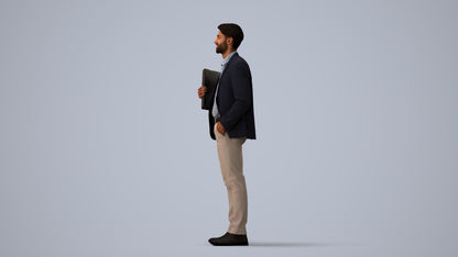 3D human model man business, photogrammetry scanned person for archviz, three-quarter view render