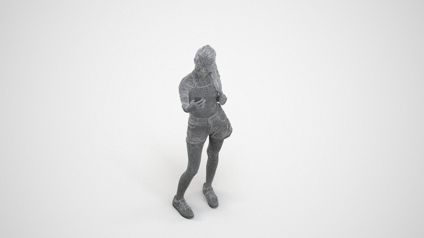 realistic 3D people woman casual standing, render-ready for V-Ray and Corona, FBX OBJ, wireframe three-quarter view