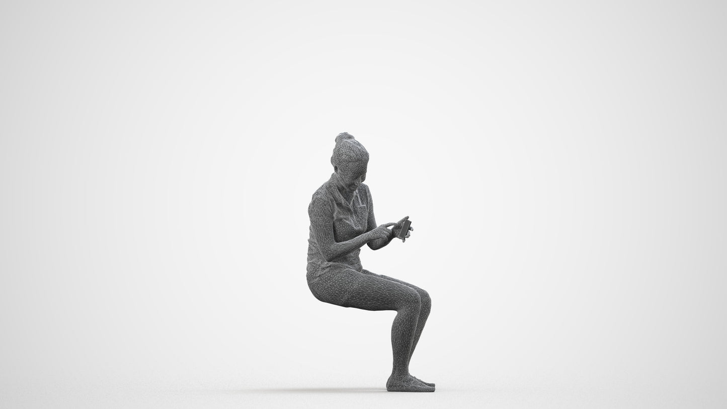 realistic 3D woman casual sitting, scanned archviz people for Blender and 3ds Max, wireframe side view