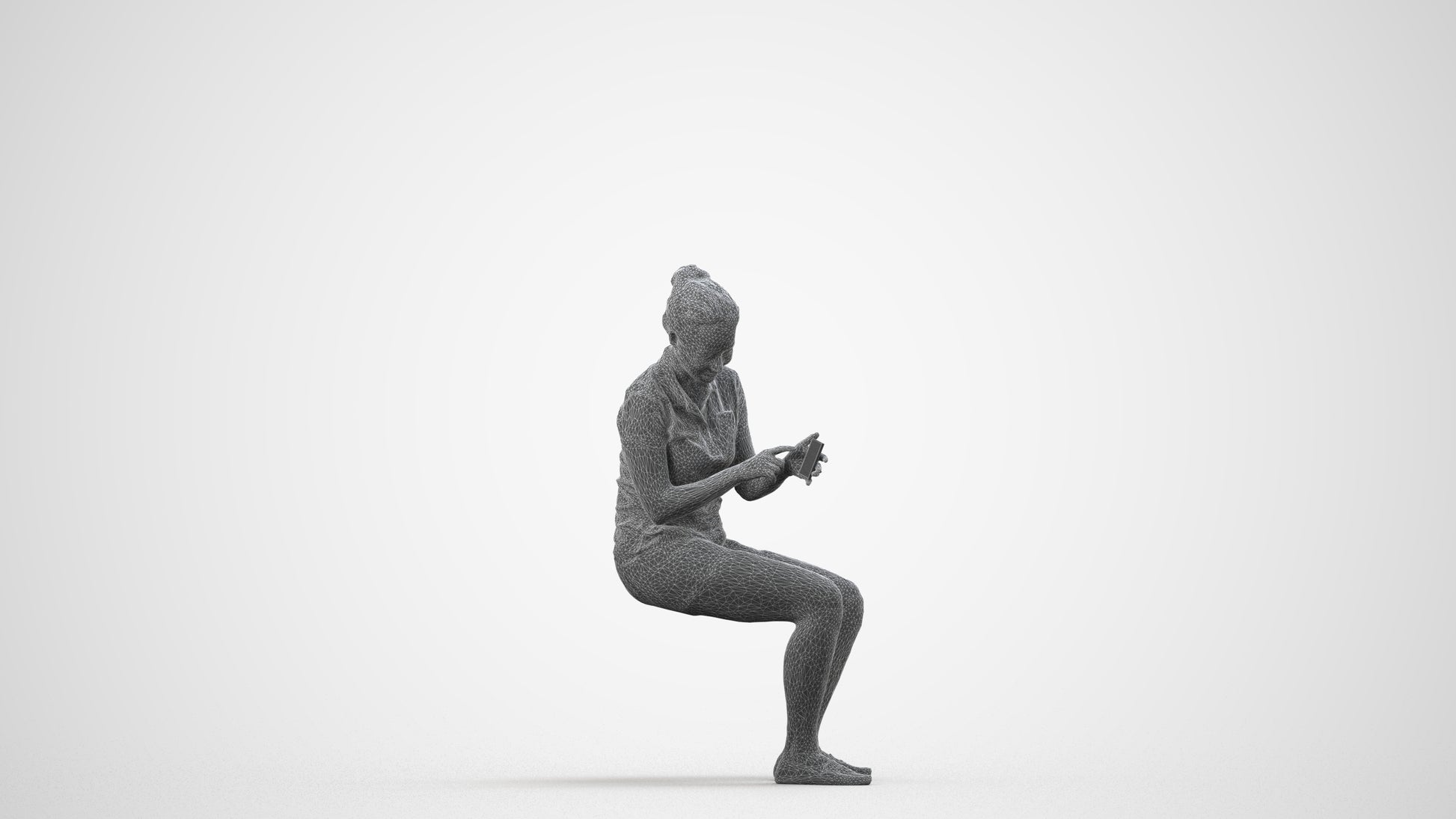 realistic 3D woman casual sitting, scanned archviz people for Blender and 3ds Max, wireframe side view