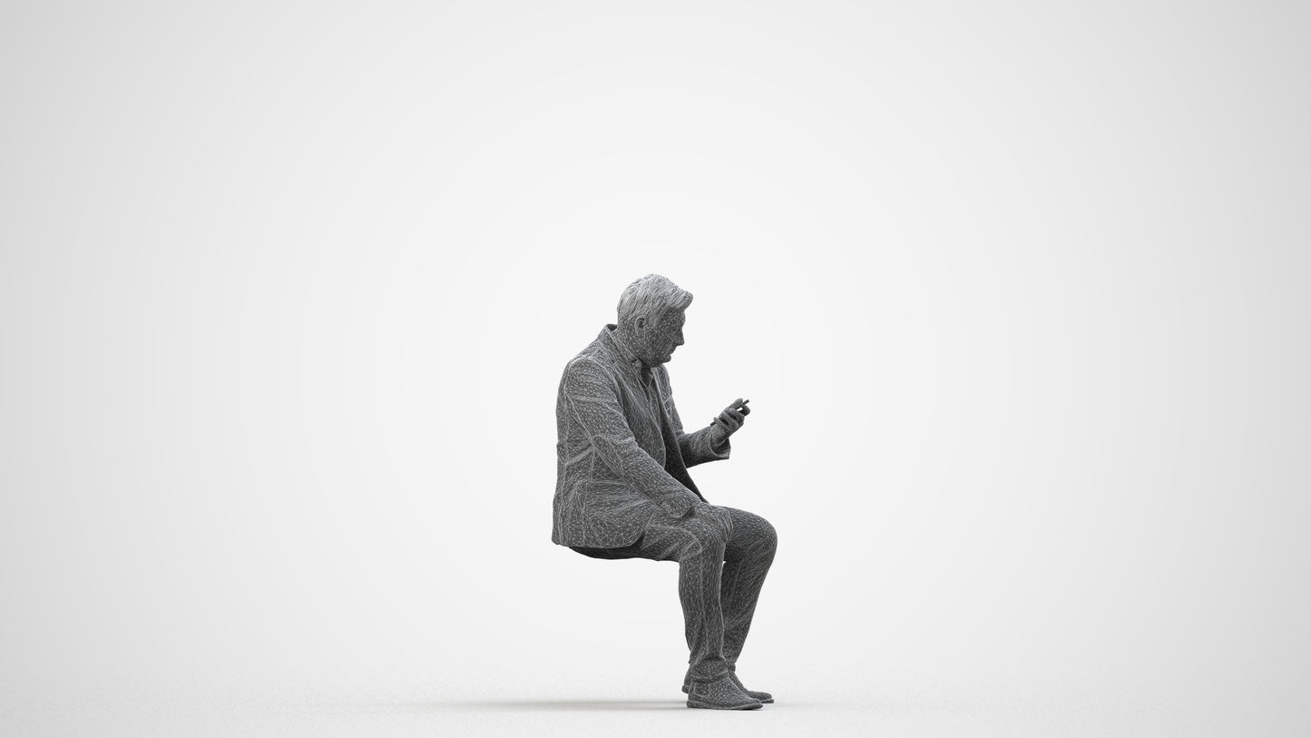 3D scanned man sitting business, photorealistic archviz people for Enscape and SketchUp, wireframe side view