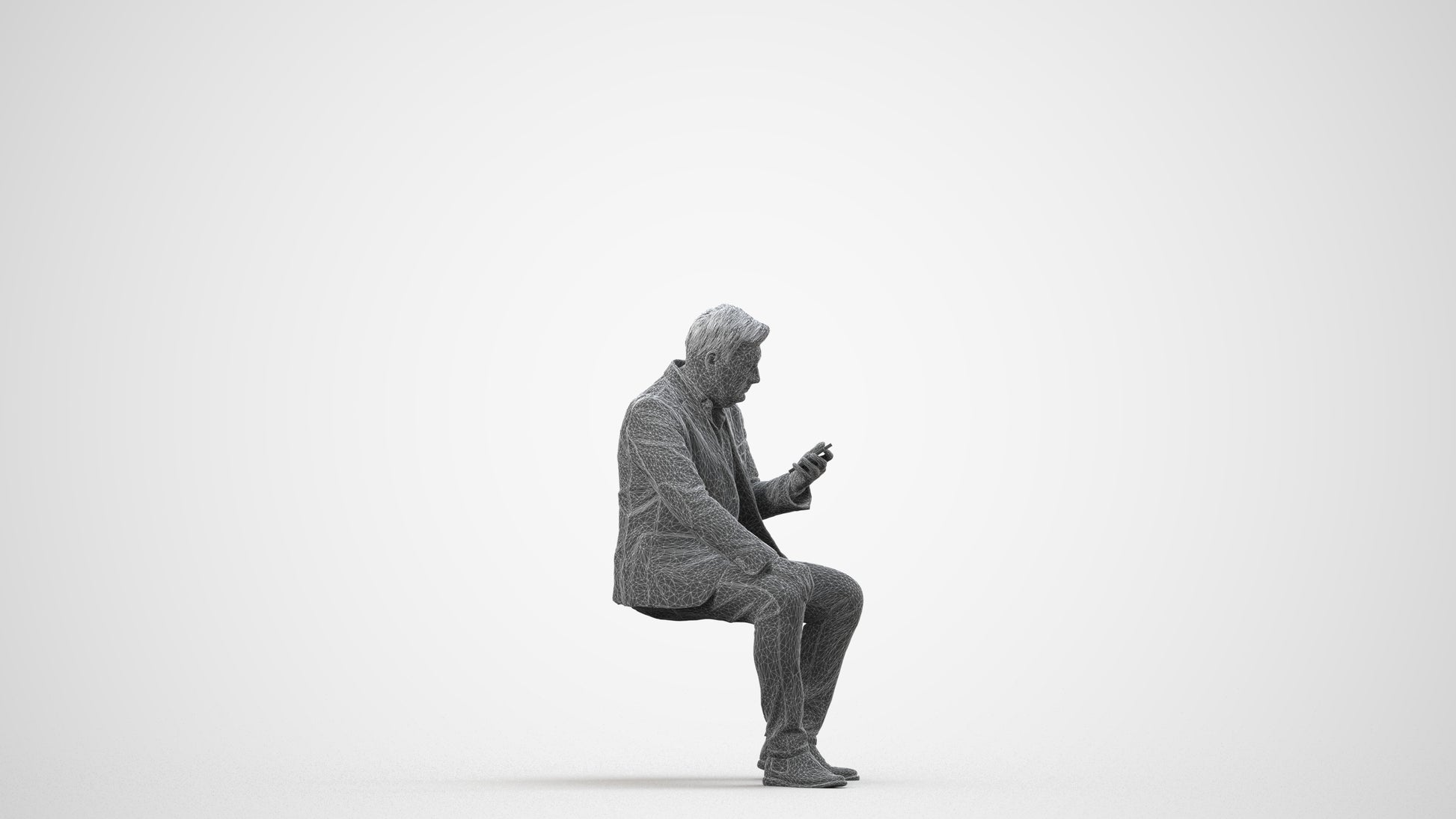 3D scanned man sitting business, photorealistic archviz people for Enscape and SketchUp, wireframe side view