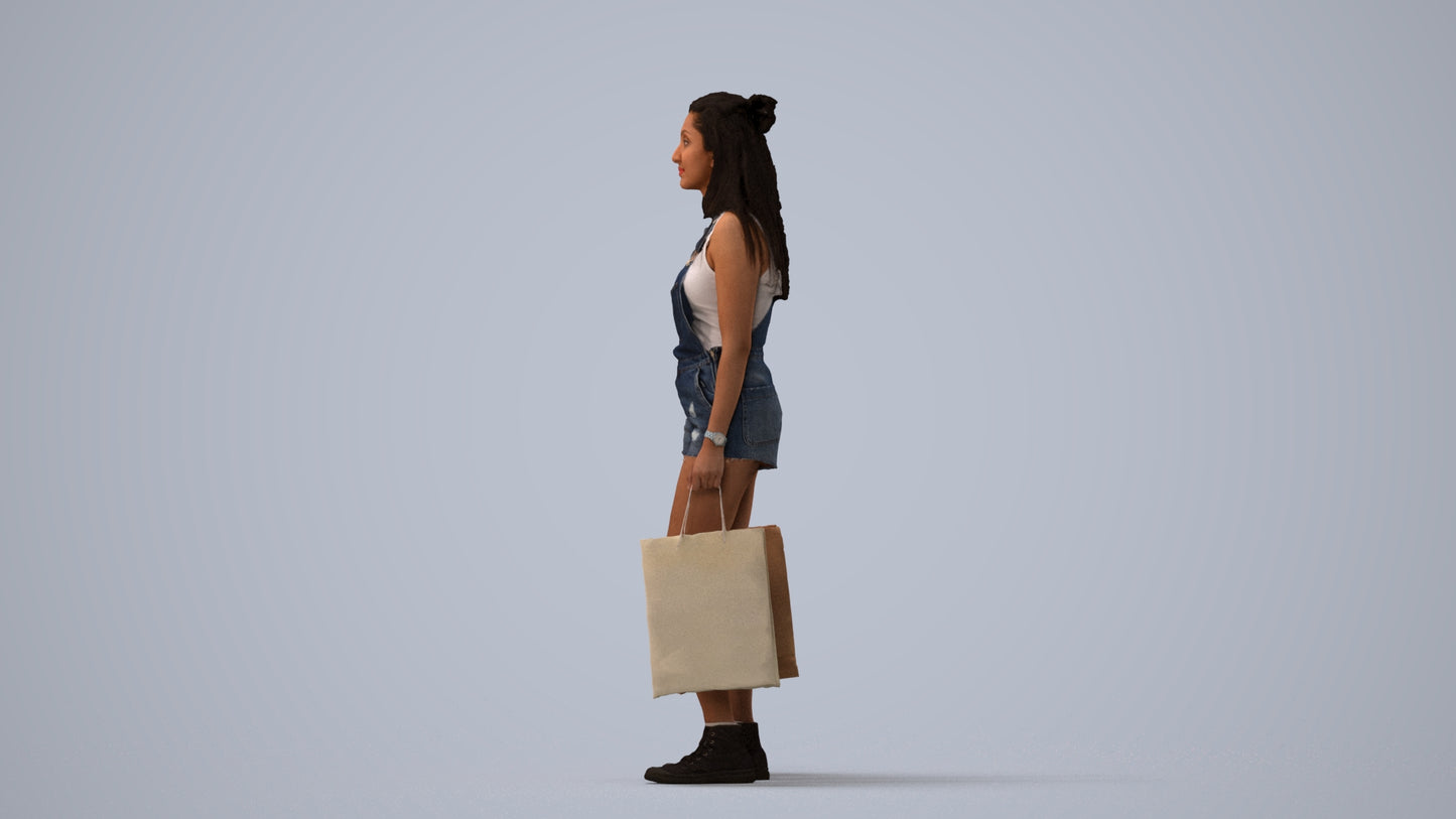 photogrammetry 3D woman casual shopping, realistic human model archviz FBX, three-quarter view render