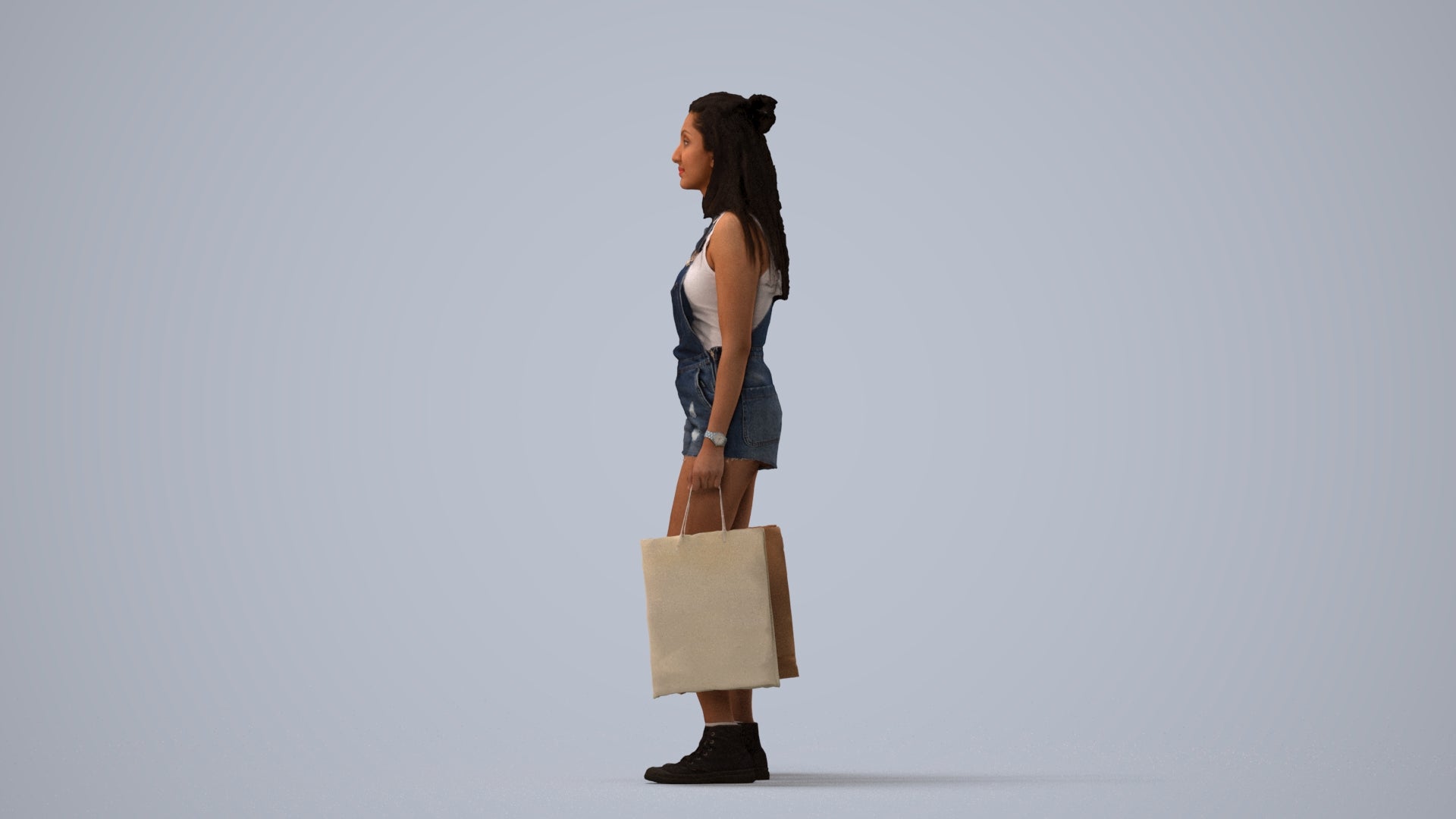 photogrammetry 3D woman casual shopping, realistic human model archviz FBX, three-quarter view render