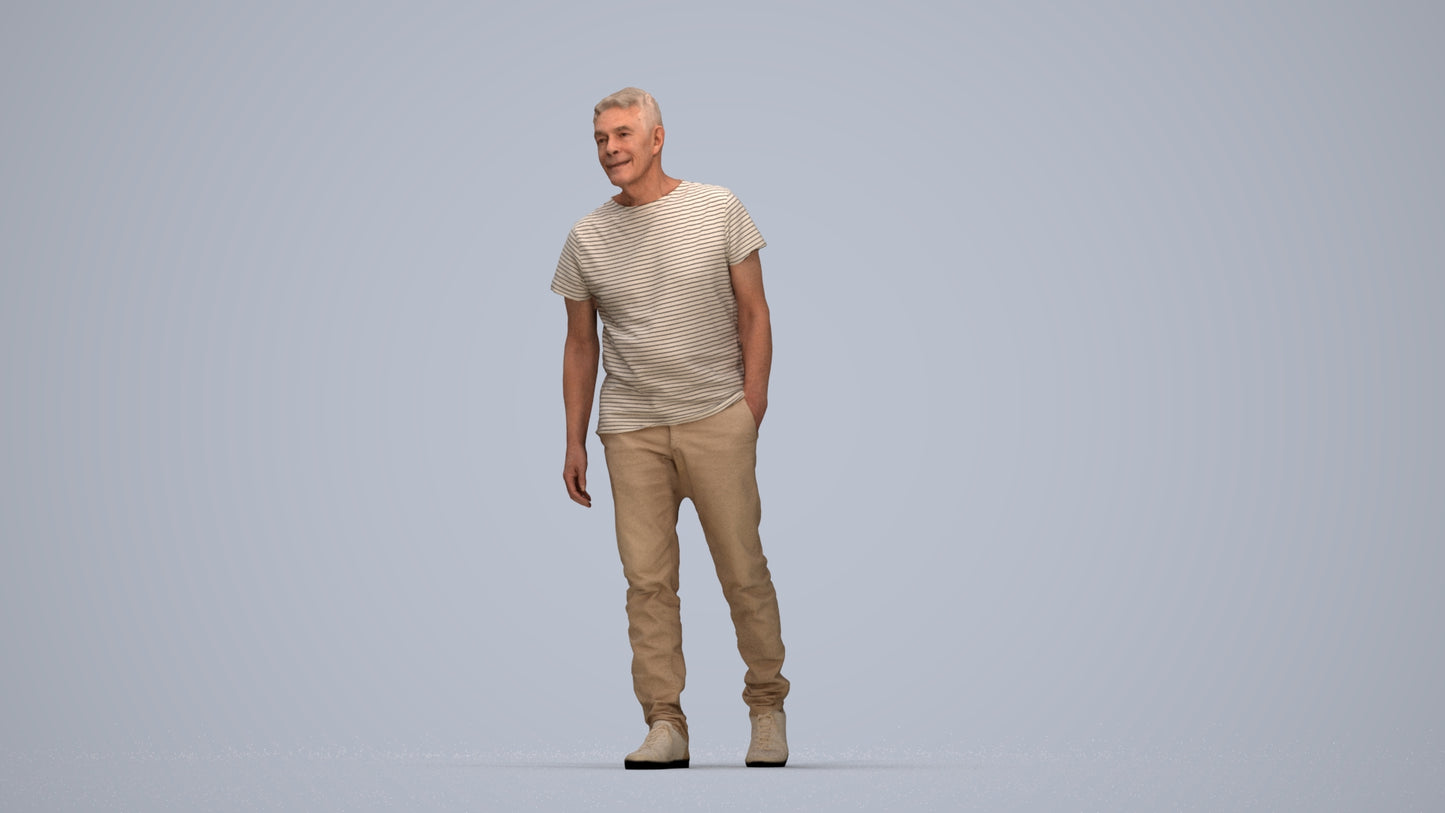 realistic 3D senior man casual walking, scanned archviz people for Blender and 3ds Max, top-down view render