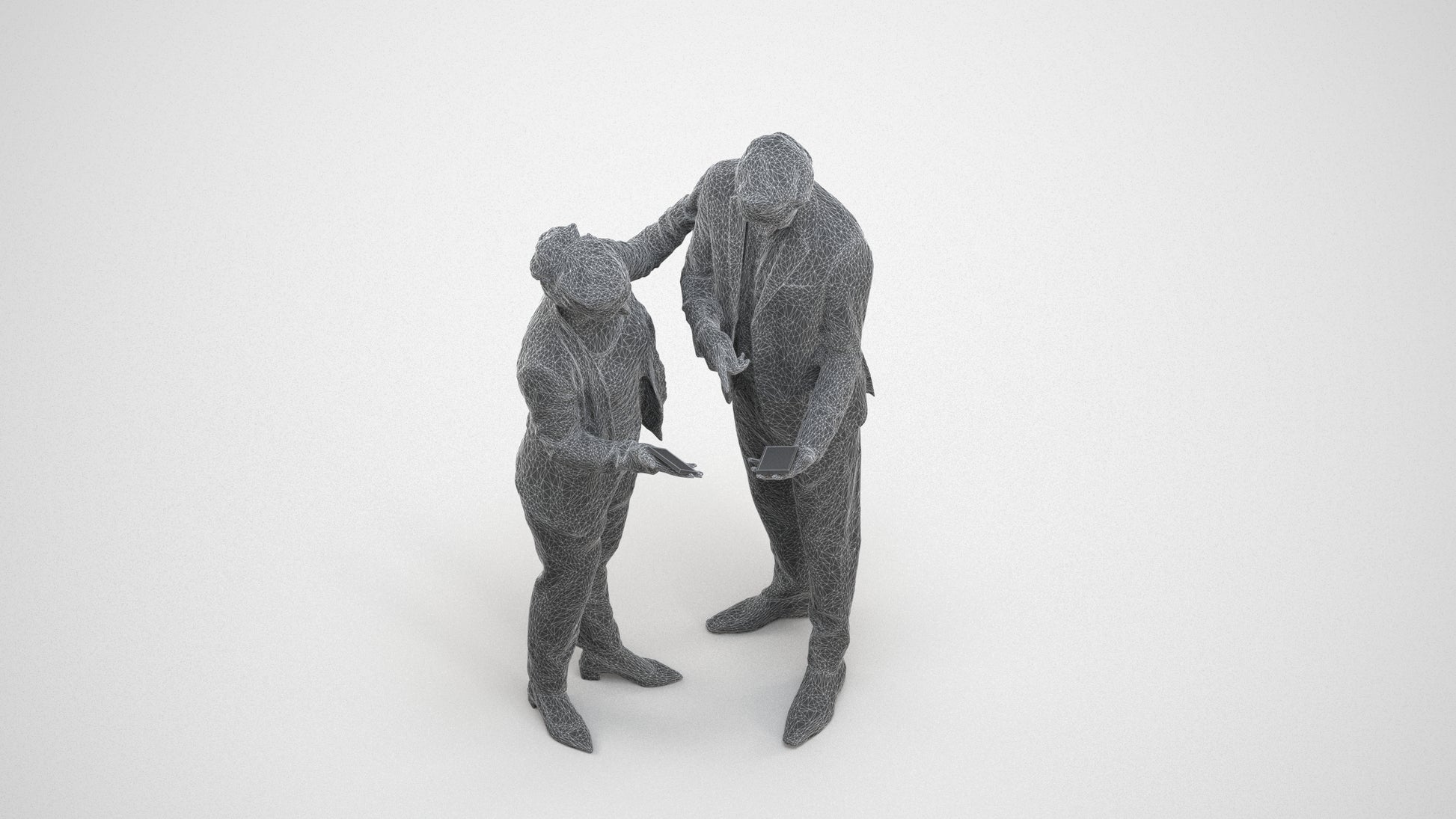 3D human model woman business, photogrammetry scanned person for archviz, wireframe three-quarter view