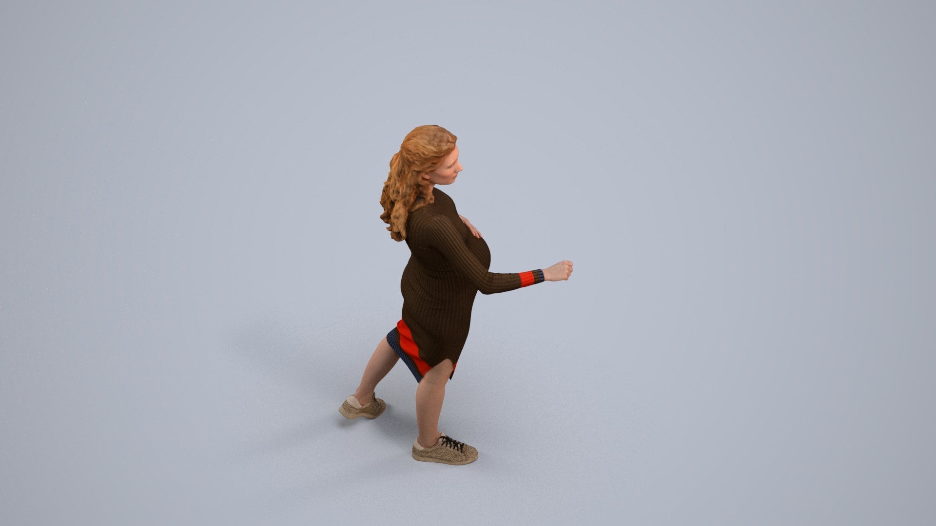 3D human model woman casual standing, photogrammetry scanned person for archviz, back view render