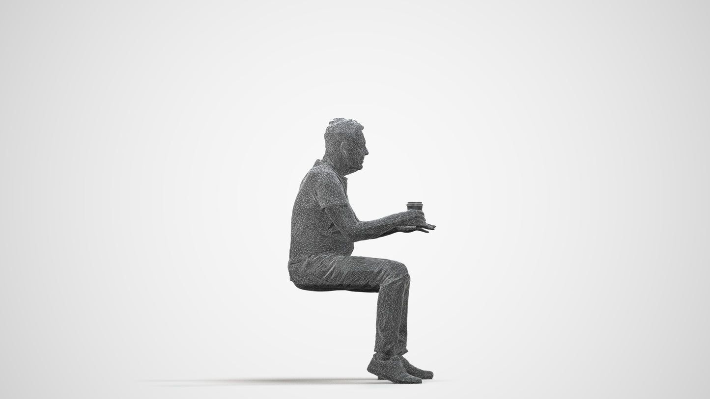 3D people model senior man casual sitting, scanned human for 3ds Max rendering, wireframe side view